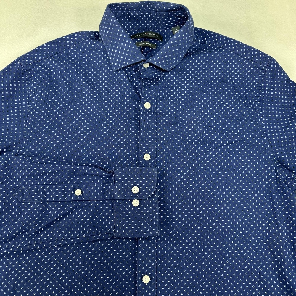 Tommy‎ Hilfiger Shirt Mens Large Blue Slim Fit Stretch Geometric Button Down